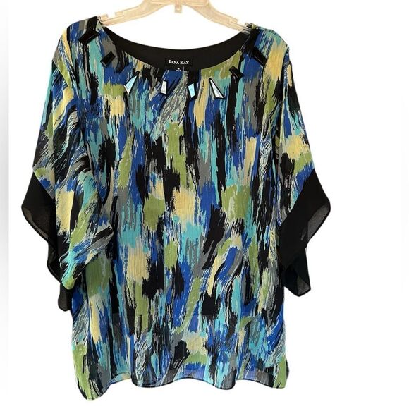 Dana Kay Blue Abstract Artsy Print Semi Sheer Lined Blouse 18 - Picture 1 of 10